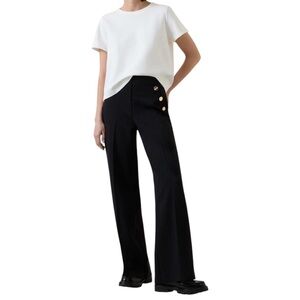 SPANX Ponte Wide Leg Black Trousers Gold Buttons Stretch Sailor Dress Pants S
